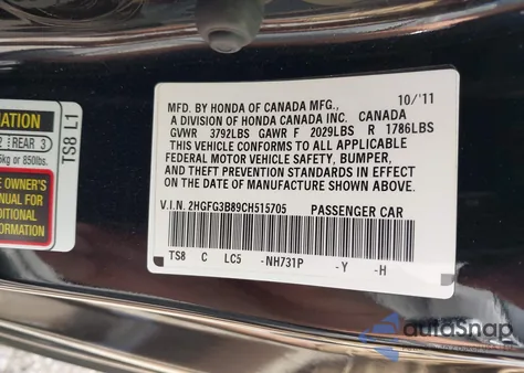 2012 Honda Civic Ex from USA, damaged, VIN 2HGFG3B89CH515705